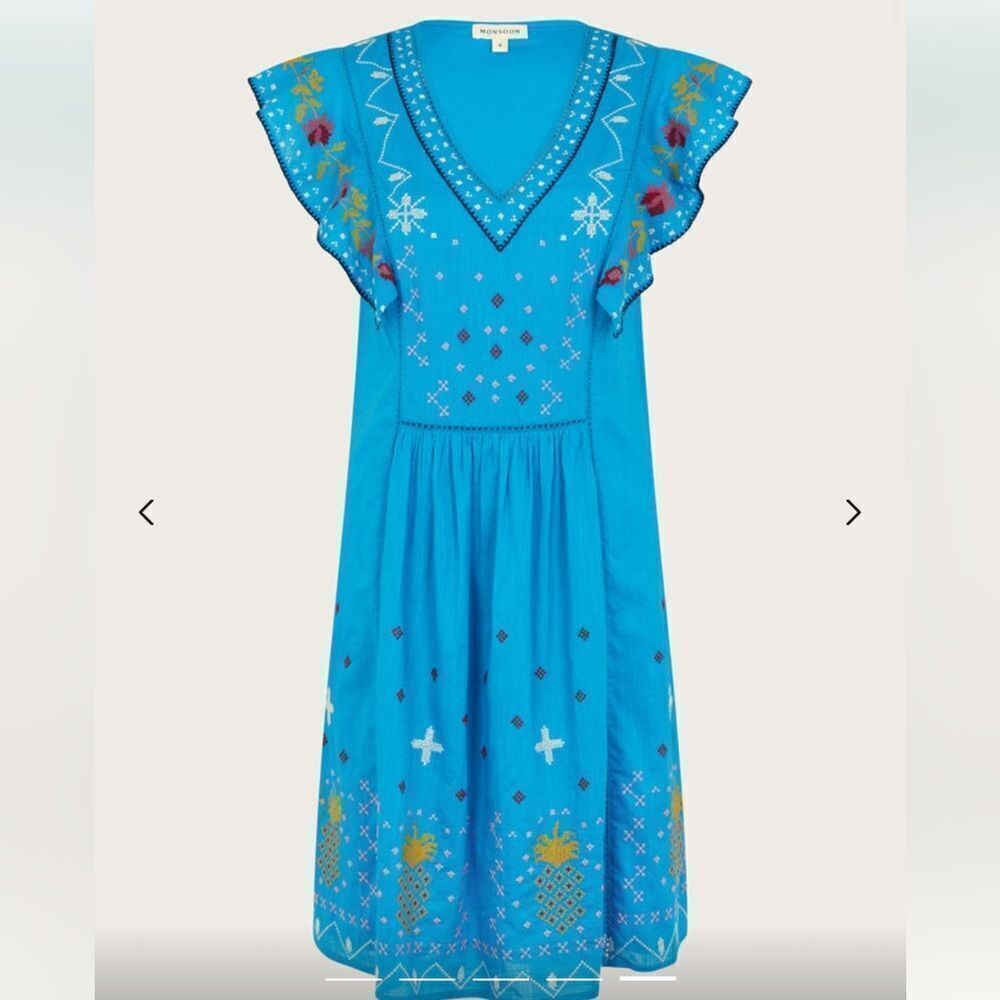 Monsoon Prue Embroidered Mini Dress Blue Lined 100% Cotton Ruffle Sz Small - Picture 6 of 15